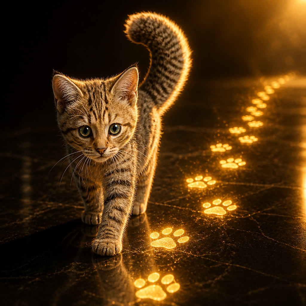 Nekocoin kitten leaving gold paw prints