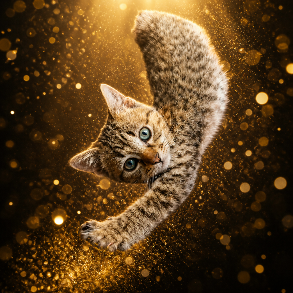 Nekocoin kitten pouncing through gold dust