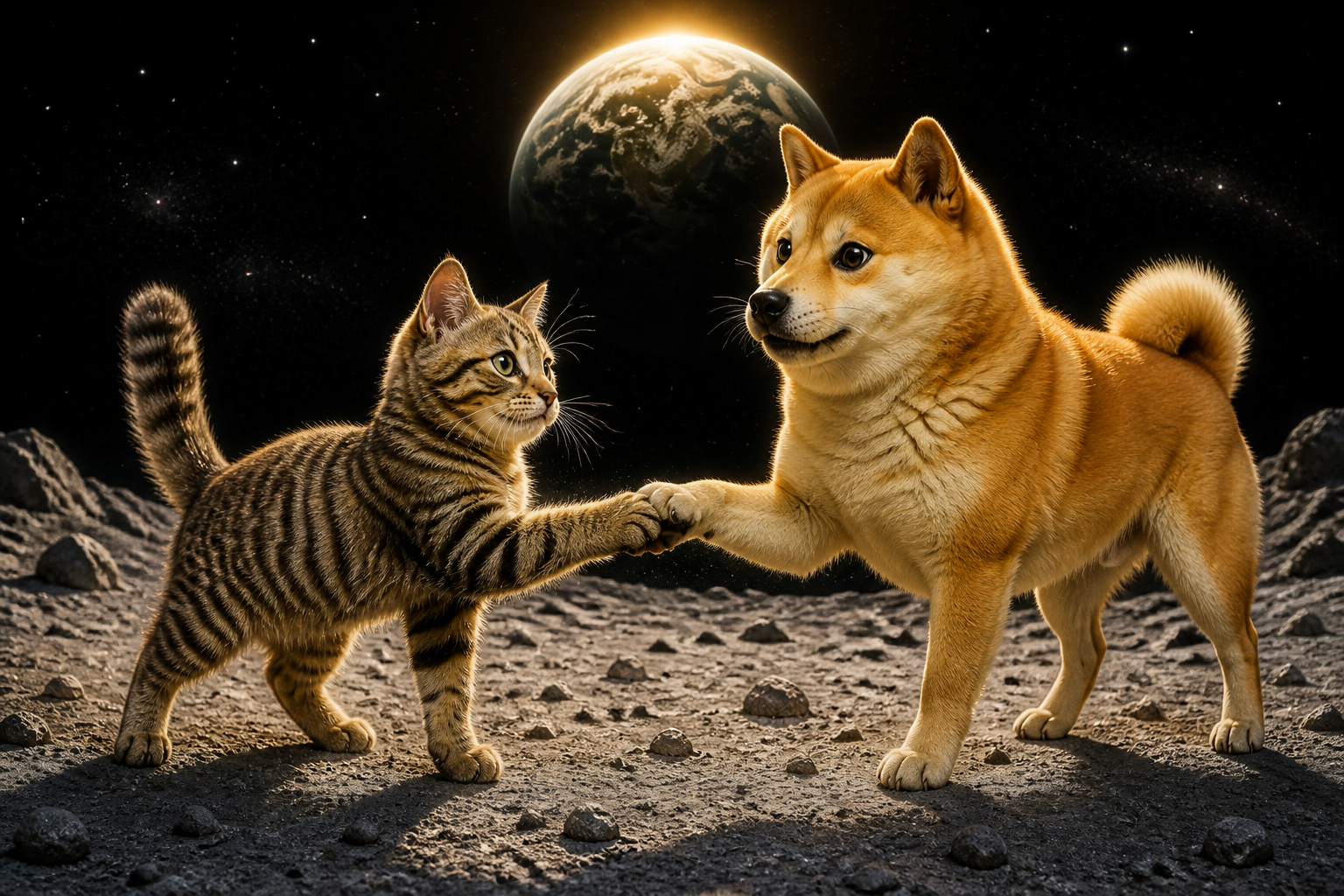 Nekocoin kitten shaking paws with Kabosu on the moon