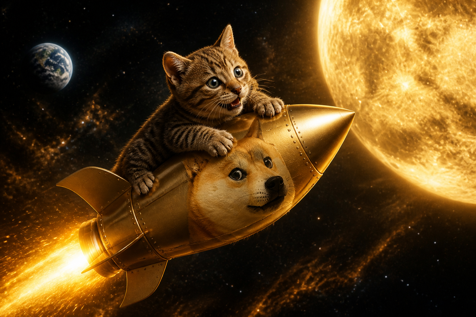 Nekocoin kitten riding Kabosu rocket to the moon